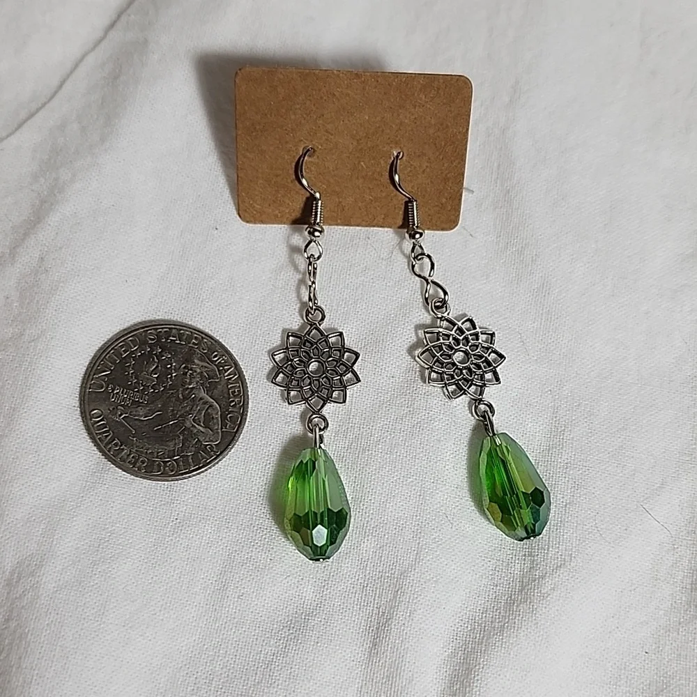 Green Teardrop‎ Filigree Drop Earrings Handmade